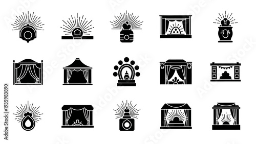 A collection of black silhouette icons depicting various festival and celebration elements, including people, characters, and designs, against a clean white background.