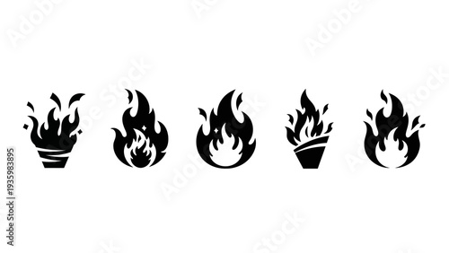 Black silhouette icons of four stylized burning flames in pots against a plain white background for design and celebration events.