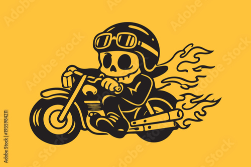 Expressive Cartoon Skeleton Rider on Classic Motorcycle with Flames Yellow Background Vector Art