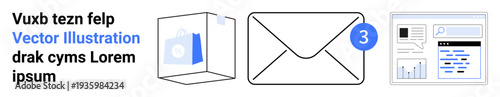 Digital communication, file storage, email notifications, data analysis, business correspondence, online messaging. A file icon, an envelope with a notification and a dashboard illustration. Digital