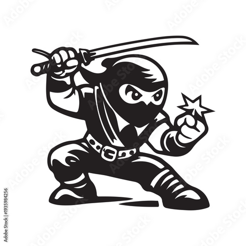 Determined Cartoon Ninja Character Wielding Nunchaku in Dynamic Fighting Stance Illustration