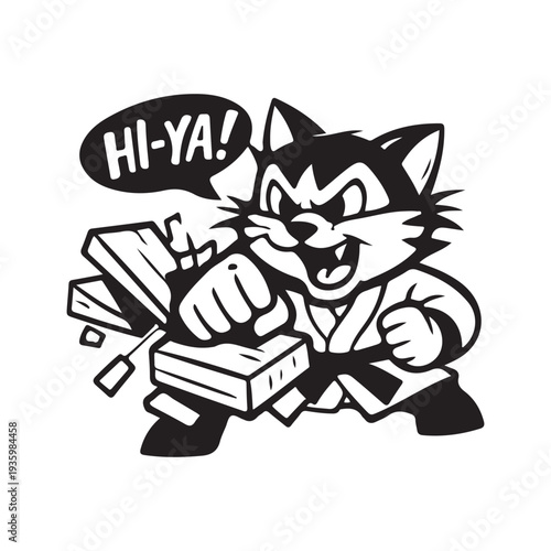 Powerful Karate Cat Mascot Breaking Boards Vector Illustration with Hi-Ya Speech Bubble