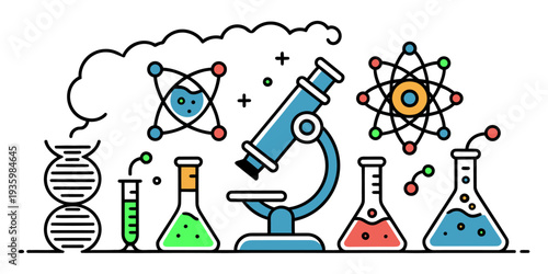Chemistry and Biology Research Concept Banner with Lab Icons and DNA Helix Vector Icons Illustration with Microscope and Glassware