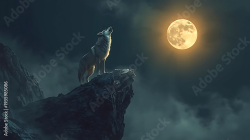Wallpaper Mural Lone wolf howling at full moon on rugged mountain peak Torontodigital.ca