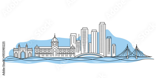 A minimalist color line vector illustration depicting a continuous cityscape with iconic landmarks of a modern city. Flat vector illustration isolated on a white background.