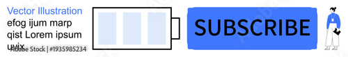 Subscription services, energy usage, notifications, digital interfaces, call-to-action, user engagement. Blue subscribe button with battery icon and cartoon character. Subscription services
