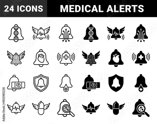 Medical alert and healthcare notification hybrid icons merging bells with DNA strands heart shapes pill capsules and clinical diagnostic symbols