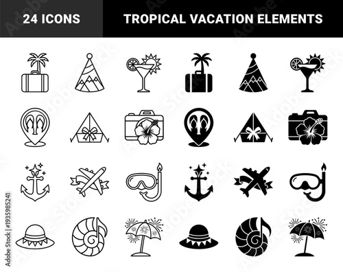 Creative hybrid travel and vacation symbols merging tropical beach elements with holiday objects like palm tree suitcases and seashell musical notes
