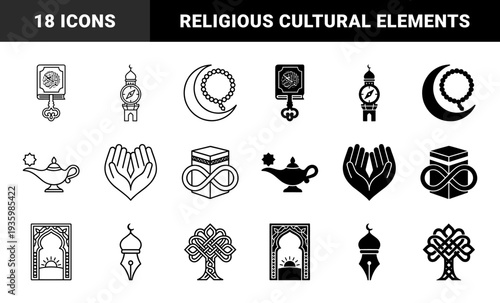 Islamic spiritual symbols and cultural artifacts merging traditional religious motifs with conceptual metaphors in a dual line and solid style