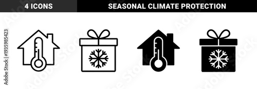 Hybrid weather insurance and seasonal protection symbols featuring house thermometer gift snowflake and tornado warning in outline and solid styles