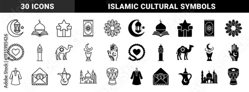 Islamic cultural symbol collection featuring hybrid religious elements like moon lantern and mosque book with dual outline and solid fills