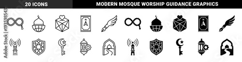 Islamic symbolic hybrid concept with prayer bead infinity sign mosque globe donation box heart and qibla compass rug for religious app design