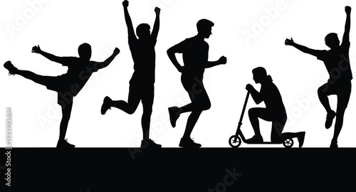 Active people silhouette set running jumping and riding scooter, healthy lifestyle fitness activity vector illustration isolated on white background