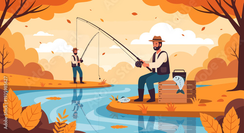 Two men fishing in a river during autumn.
