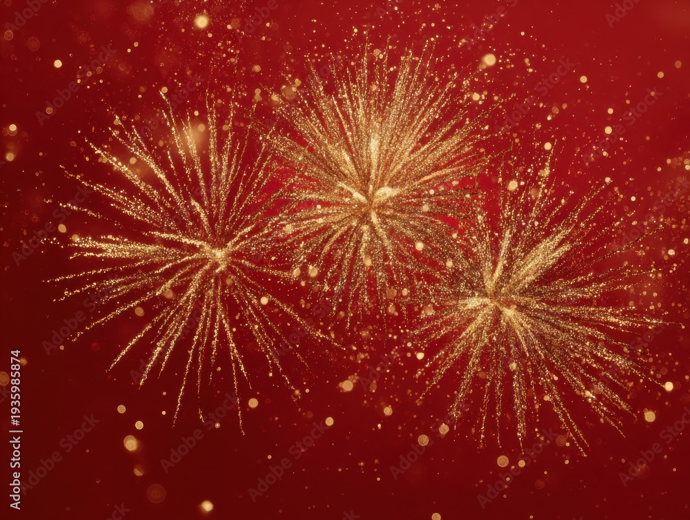 Obraz premium gold glitter fireworks burst close up isolated on a red background