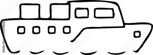 Simple black outline drawing of a passenger ship sailing on water in a coloring book line art style.