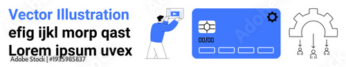 Man holding device near payment card interface with chip, codes, and settings gear. Ideal for fintech, payment systems, technology processes, automation, cybersecurity, finance simple landing page