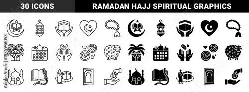 Islamic religious symbols merging traditional elements with ritual objects featuring crescent moon koran kaaba and ram in dual outline and solid styles