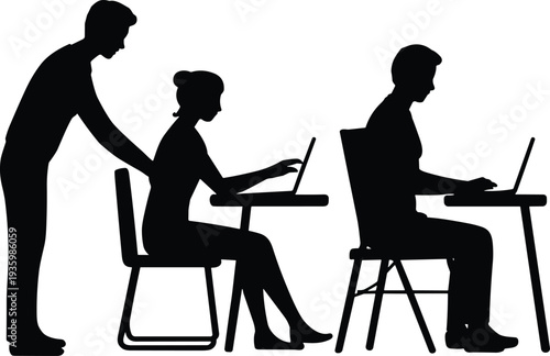 Office ergonomics concept illustration, correct and incorrect sitting posture at computer desk workplace silhouette isolated on white background