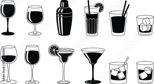 Black and white cocktail glasses and bar drink icons set, alcohol beverage vector illustration collection isolated on white background