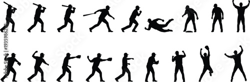 Baseball silhouettes, batter swing, pitcher throw, fielder catch, sliding base, celebration pose, sports activity, dynamic motion, athletic training, competitive game