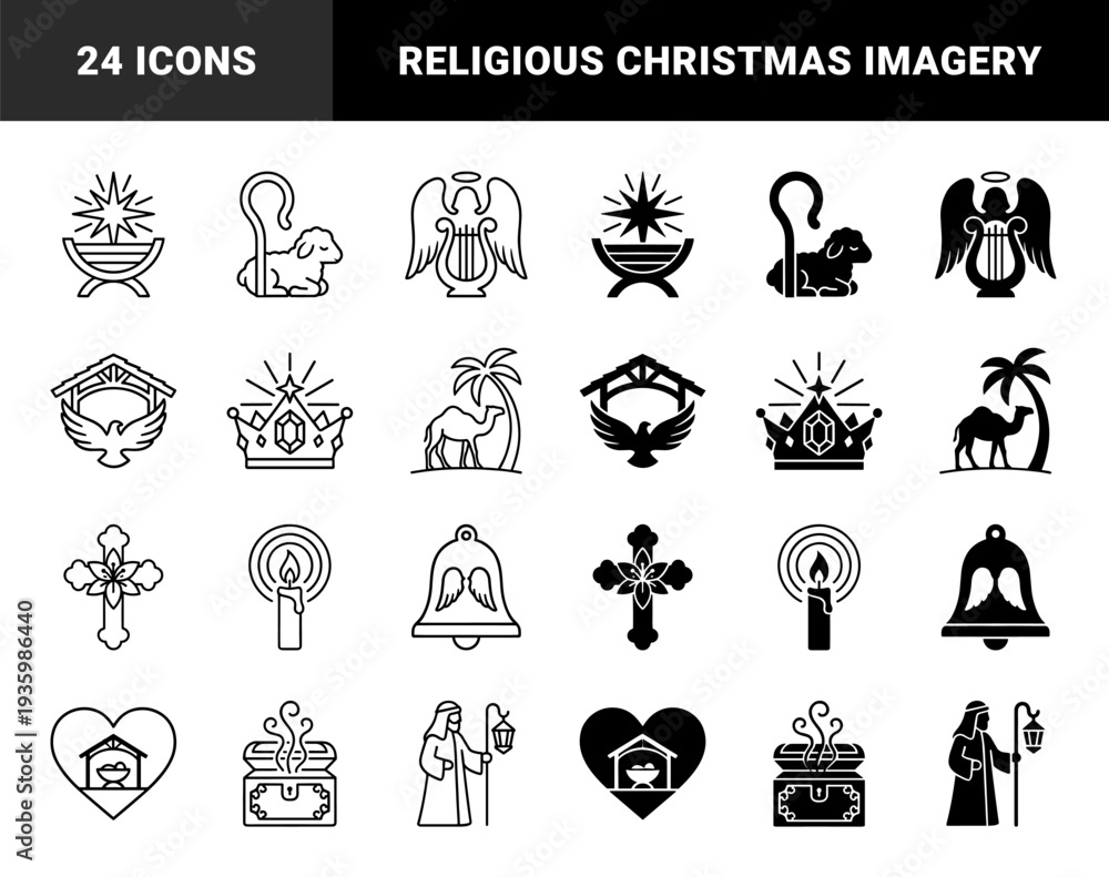 Obraz premium Religious nativity hybrid icons merging traditional christmas symbols with modern linear and silhouette styles for holiday branding and church design