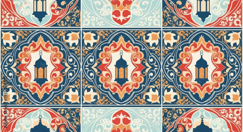 Islamic Pattern with Lanterns and Geometric Ornaments, Ramadan Kareem Design