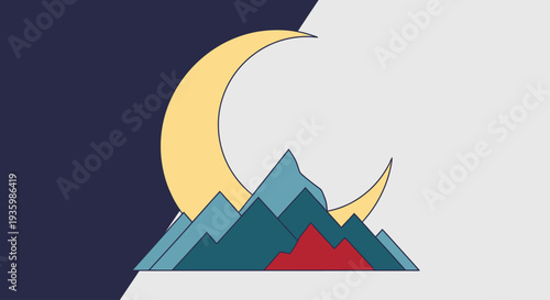 Stylized Crescent Moon Over Mountains, Night Sky Contrast