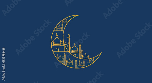 Crescent Moon Islamic Mosque Architecture Line Art Gold Outline on Navy Blue Background