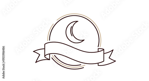 Crescent Moon Emblem with Ribbon Banner, Minimalist Line Art Icon, Ramadan Kareem Concept