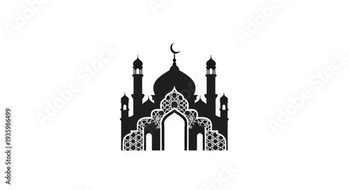 Islamic Mosque Silhouette with Crescent Moon on White Background