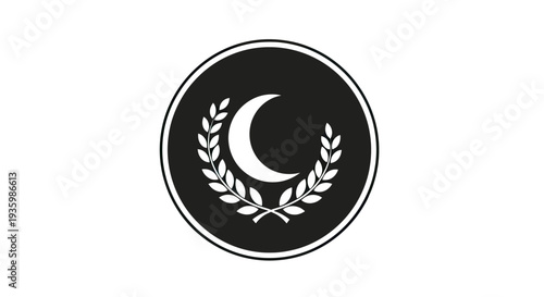 Crescent Moon and Laurel Wreath Emblem on Black Circle