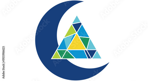 Abstract crescent moon with geometric mosaic triangle logo on white background