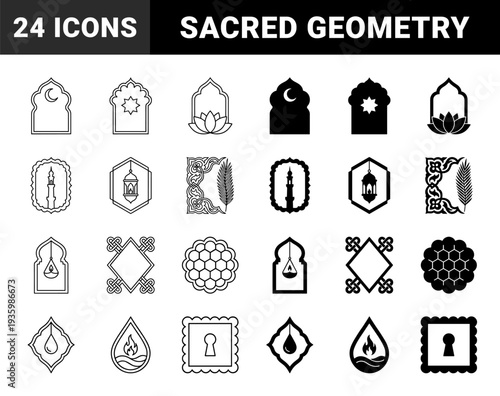 Symmetry in spiritual architecture and botanical motifs featuring mosque arches minarets oil lamps and geometric patterns in dual outline and solid styles