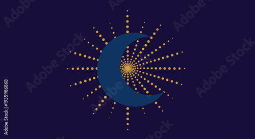 Mystical Crescent Moon with Golden Sunburst Rays on Dark Blue Background