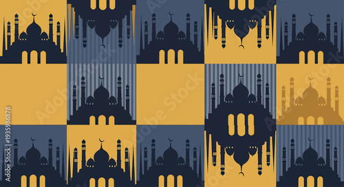 Islamic geometric pattern with mosque silhouettes, blue and yellow tiles