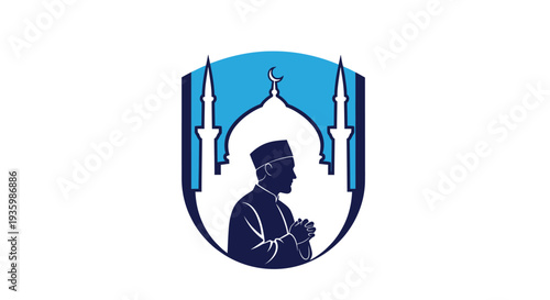 Silhouette of a Muslim man praying in front of a mosque with crescent moon and minarets