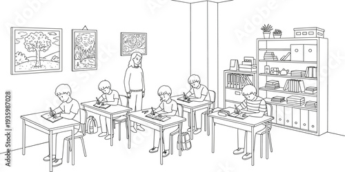 Students Sitting in Classroom Taking Test While Teacher Observes – Educational Scene, Learning Environment, School Activity, Academic Focus Illustration