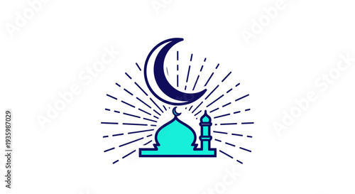 Islamic Mosque and Crescent Moon Symbol on White Background