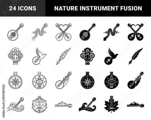 Collection of hybrid musical instrument symbols merging guitar and banjo elements with organic nature motifs like leaves waves birds and mountains