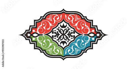 Ornate Islamic Decorative Motif with Red, Green, Blue, and Black Swirls