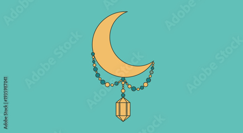 Islamic crescent moon decorated with beaded chain and lantern on teal background