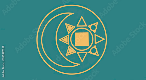 Celestial Symbol: Sun, Moon, and Stars Emblem on Teal Background