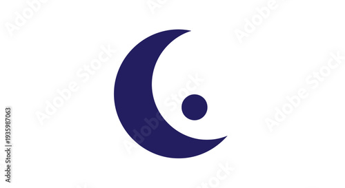 Abstract dark blue crescent moon with a small circle, isolated on white background