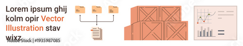 Data organization, supply chain, logistics, inventory, business analysis, chart . Illustration shows file organization, stacked crates and analytics. Data organization and logistics concept
