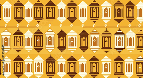 Islamic lanterns pattern, Ramadan Kareem background, crescent moon, stars, festive decoration