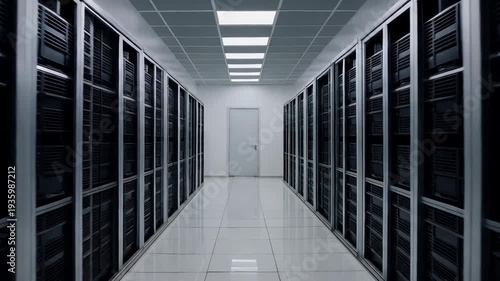 A long corridor in a data center with rows of server racks on either side