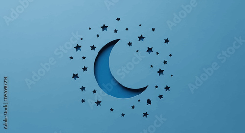 Crescent moon surrounded by stars on blue background