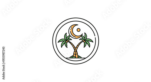 Stylized Crescent Moon, Sun, and Palm Trees Emblem