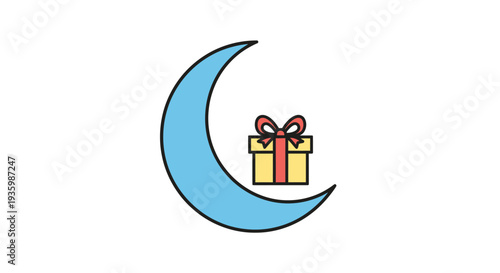 Gift Box on Crescent Moon Icon - Celebration and Holiday Concept